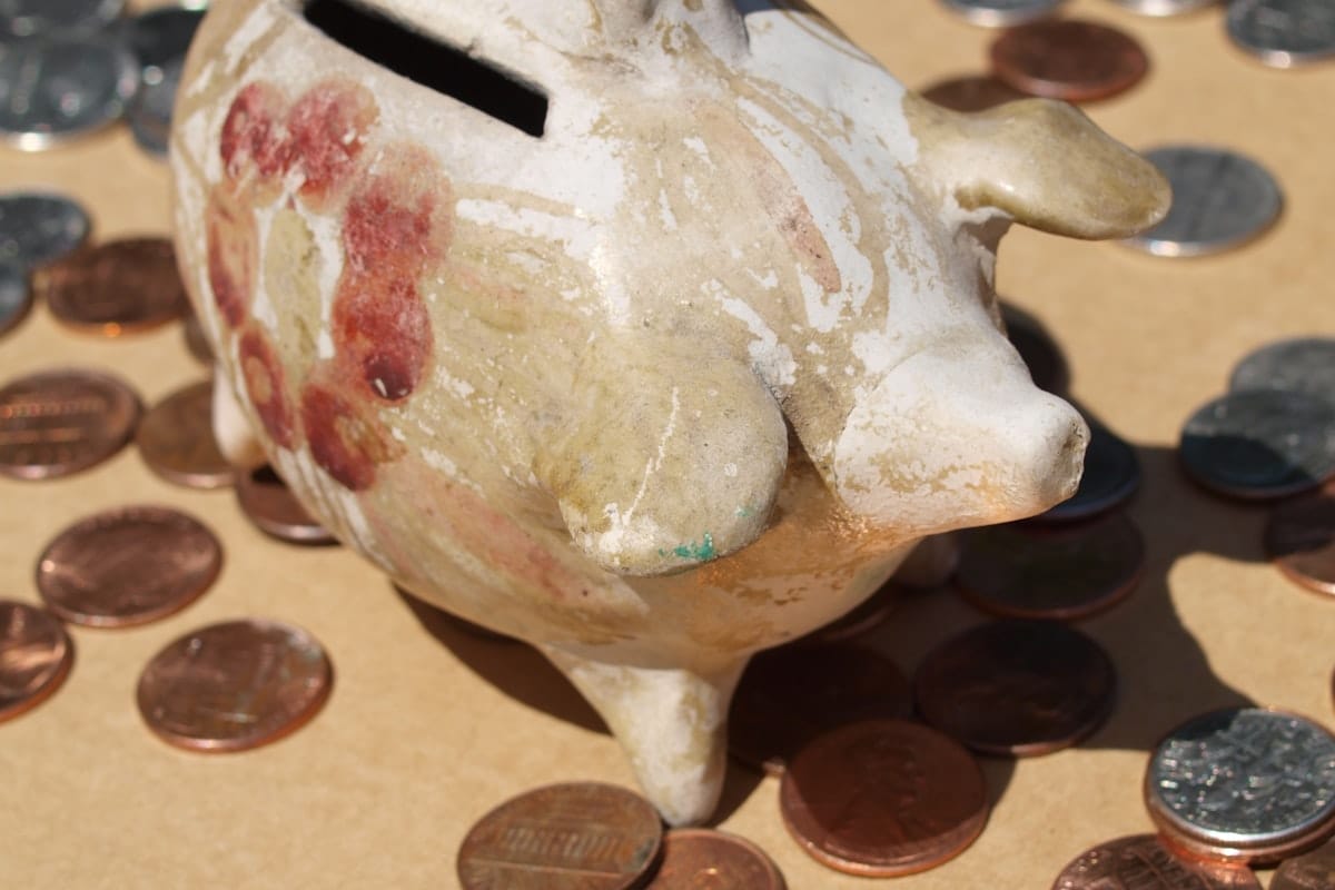 Tirelire en forme de cochon entouree de pieces de monnaie